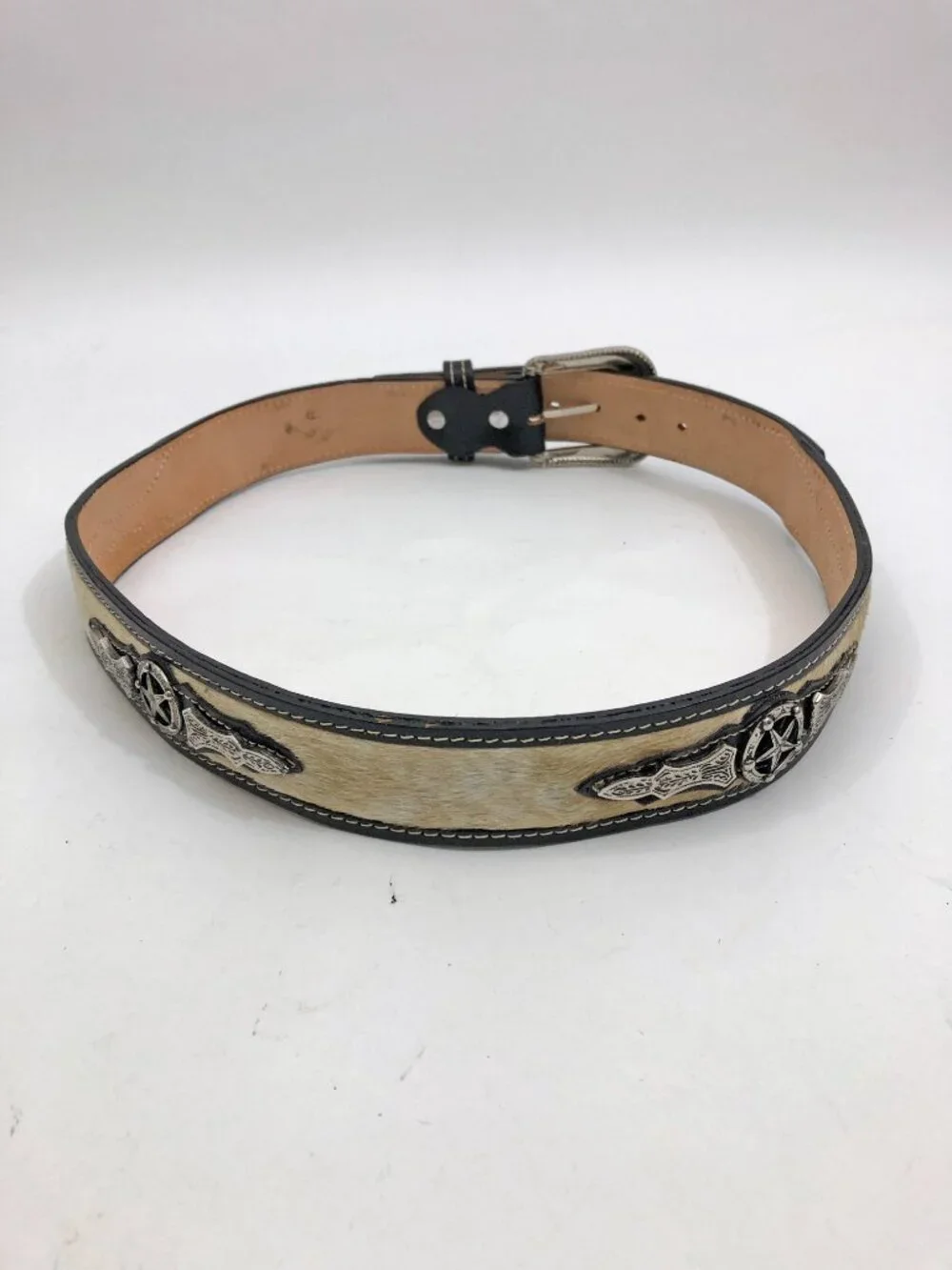 Western leather Belt Size 36 Black Leather & Tan Fur Silvertone Buckle Longhorns
